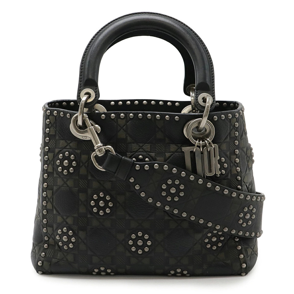 Christian Dior Lady Studded Cannage 2way Shoulder Bag Calfskin Black